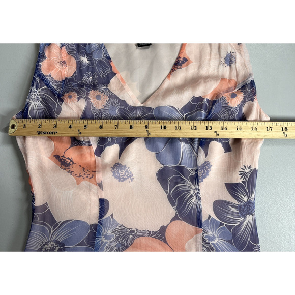 J Peterman Silk Midi Dress 4 Pink Blue Floral Sleeveless V Neck Chiffon Flowy - Picture 9 of 14